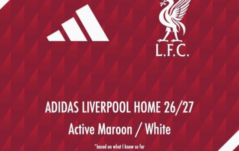 利物浦26-27赛季主场球衣谍照：采用深红色调+白色细节装饰